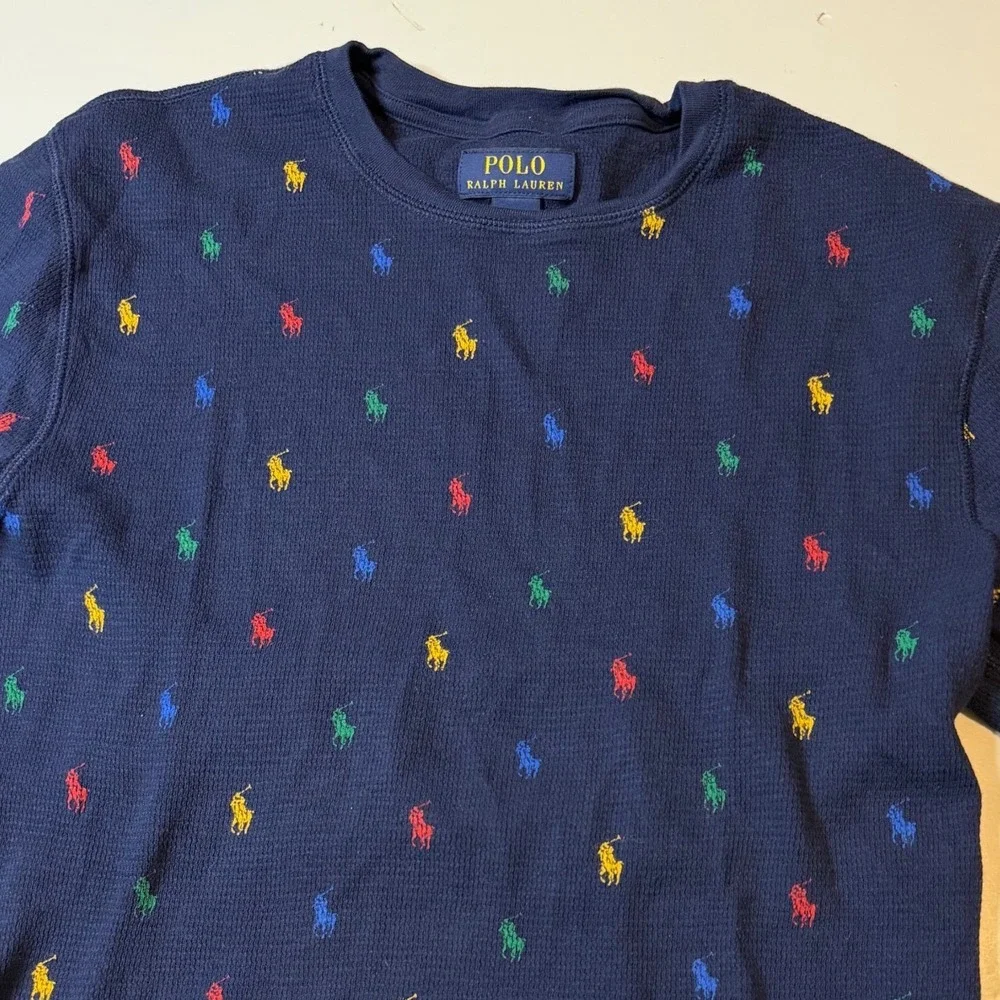 Polo Ralph Lauren Waffle Knit Mens Medium Navy Multi Color Pony Thermal